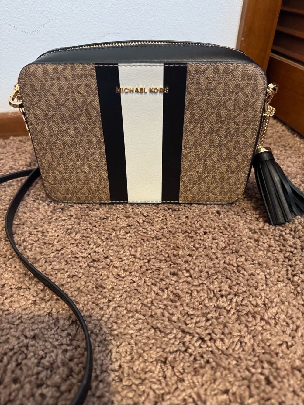 Michael Kors Brown Monogram Crossbody with Black and White Center Stripe